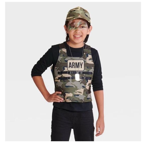 Kid's Army Solider Halloween Costume Kit Vest Hat Dog Tag Child One Size - Picture 1 of 4